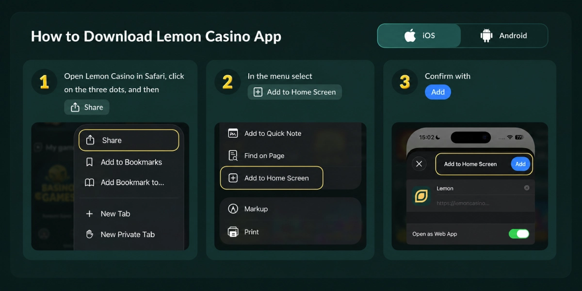 Lemon Casino app download og installation til iOS Safari