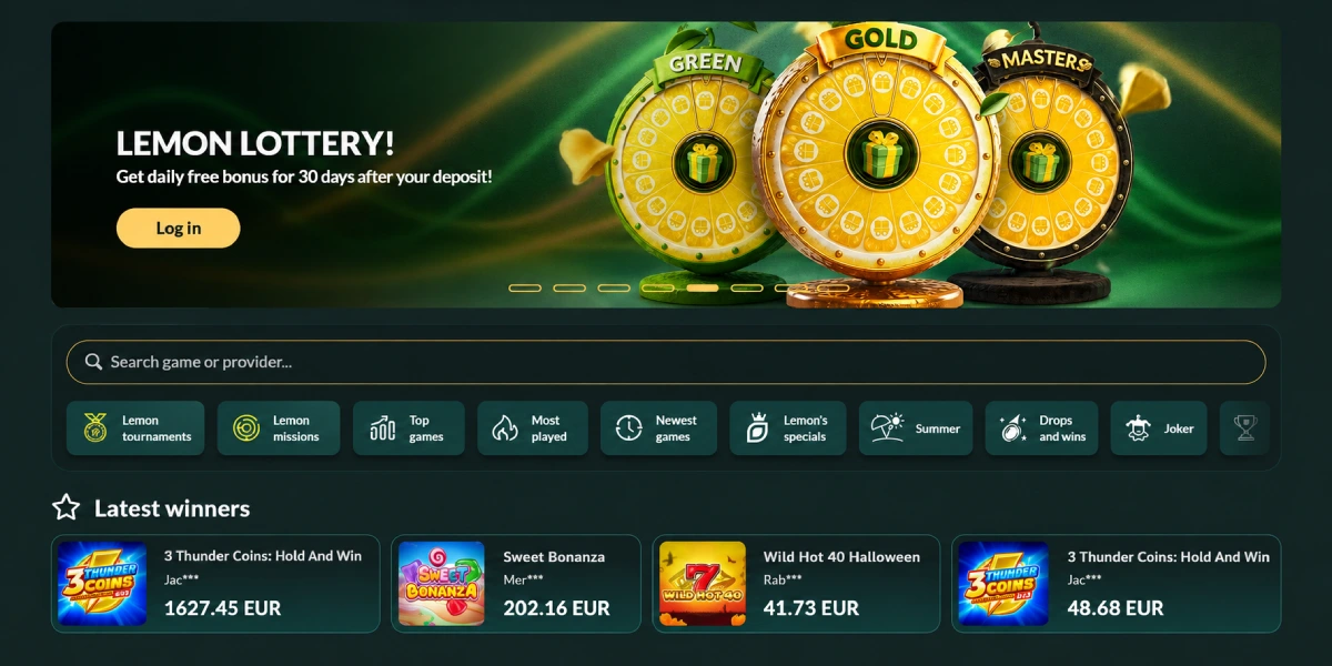 Lemon Casino forside Lemon Lottery bonus og spilleautomater